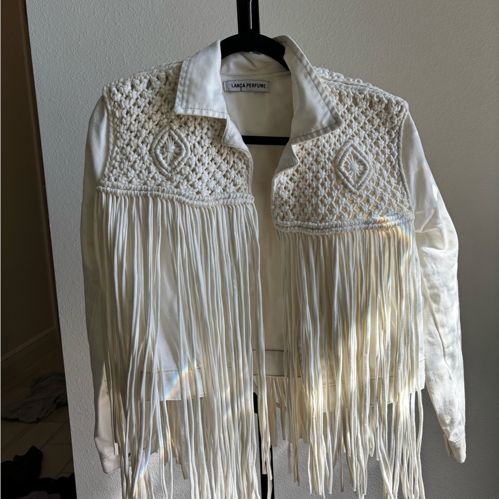 Cream Fringe +woven Women's Jacket - perfect vintage concert or festival piece - Picture 3 of 5